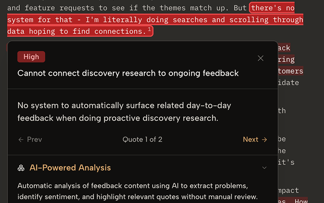 Feedback detail view — detected problems with highlighted quotes and AI analysis