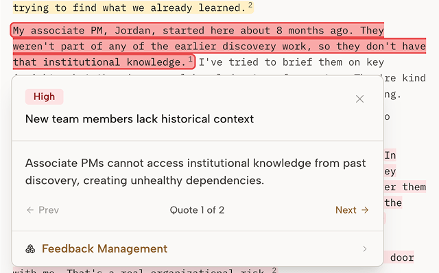 Feedback detail view — detected problems with highlighted quotes and AI analysis